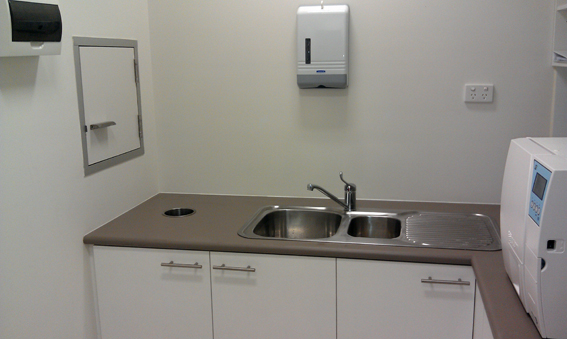 Sterilisation room cabinetry with twin sinks